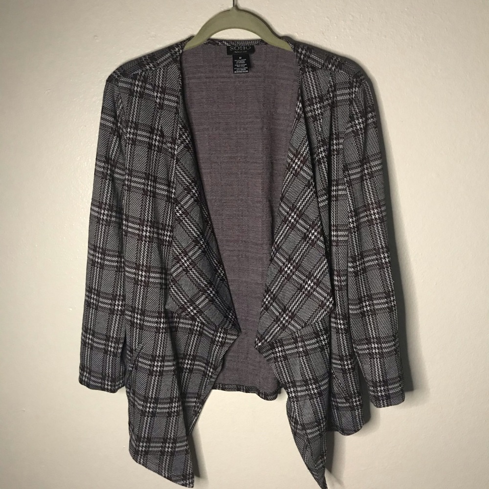Soho purple back plaid open cardigan pockets M